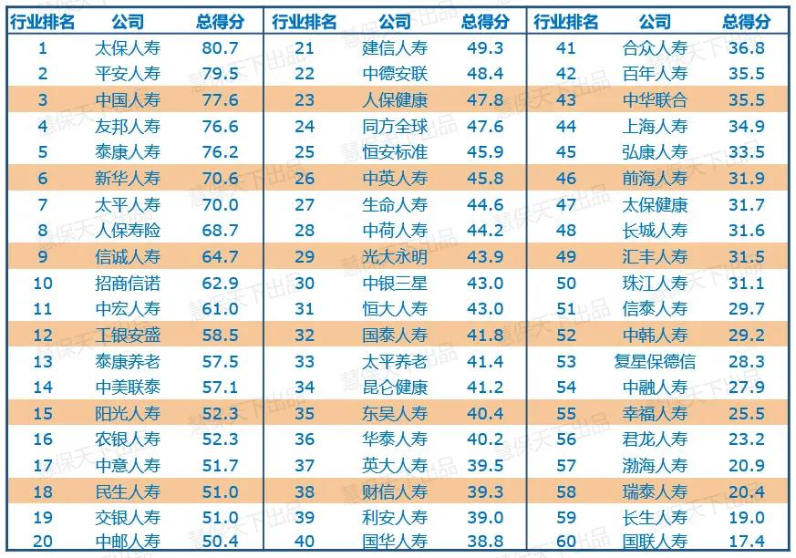 人寿保险公司排名前十名（寿险排名前50的公司）
